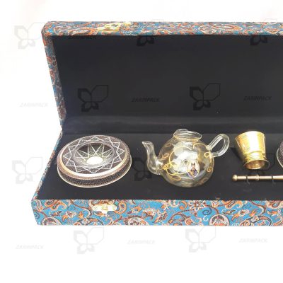 پک هدیه کادویی زعفران جعبه ترمه دو خاتم یک مثقال و قوری و هاون گلدانی 40