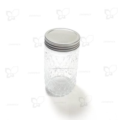 جار شیشه استوانه ای قطر 7 ارتفاع 13 طرحدار مدل ماربلا نیم کیلو عسل